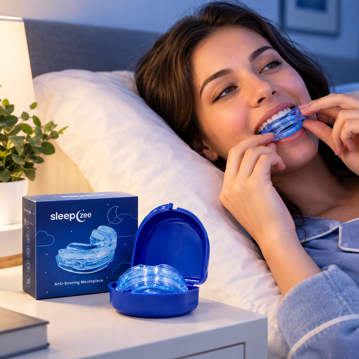 Woman in bed fitting a blue mouthpiece, with its box and case on a bedside table.