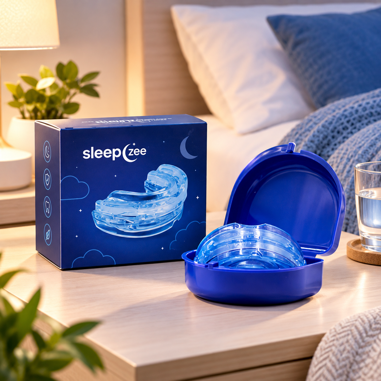 Blue sleepzee mouthguard in an open case beside its product box on a bedside table.