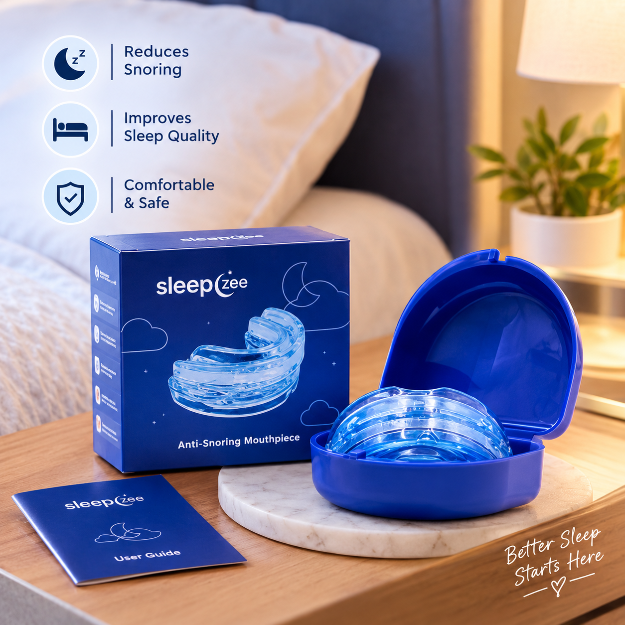 sleepzee anti-snoring mouthpiece in an open blue case beside its box and user guide on a bedside table.